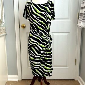 Jones New York dress size L.  Black/ green/white print.